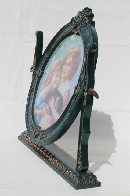 photo of vintage British patent stand & frame w/ Victorian print, young girls w/ pet rabbit #6