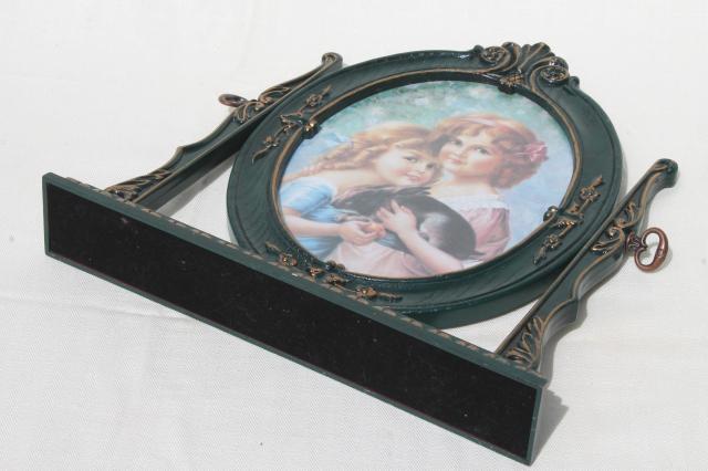 photo of vintage British patent stand & frame w/ Victorian print, young girls w/ pet rabbit #9