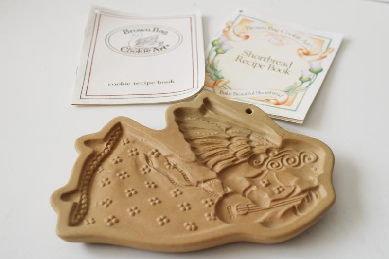 photo of vintage Brown Bag recipe book & stoneware shortbread cookie mold, flying angel #1