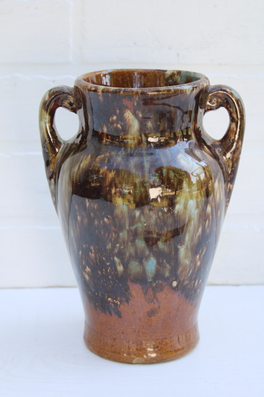 photo of vintage Brush McCoy drip glaze art pottery vase, 1930s deco urn onyx green and brown #1