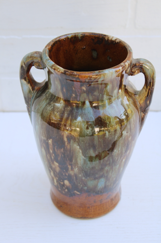 photo of vintage Brush McCoy drip glaze art pottery vase, 1930s deco urn onyx green and brown #5