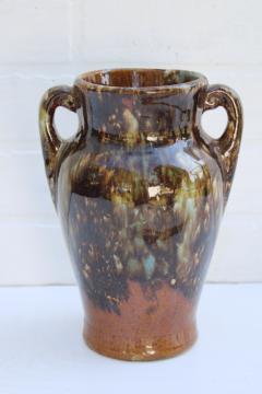 photo of vintage Brush McCoy drip glaze art pottery vase, 1930s deco urn onyx green and brown