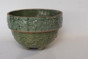 catalog photo of vintage Brush McCoy pottery hanging planter flower pot, green glazed yellow ware