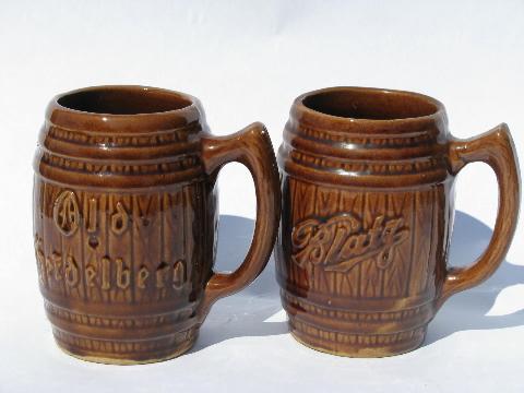 photo of vintage Brush pottery beer steins, heavy stoneware mugs Blatz & Old Heidelberg advertising #1