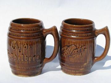 catalog photo of vintage Brush pottery beer steins, heavy stoneware mugs Blatz & Old Heidelberg advertising