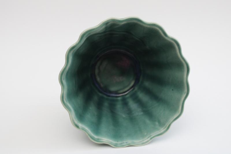 photo of vintage Brush pottery flower pot planter, green glaze, footed scalloped ribbed shape #2