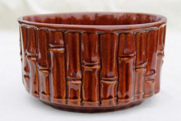 catalog photo of vintage Brush pottery planter pot, glossy glaze brown bamboo pattern bowl