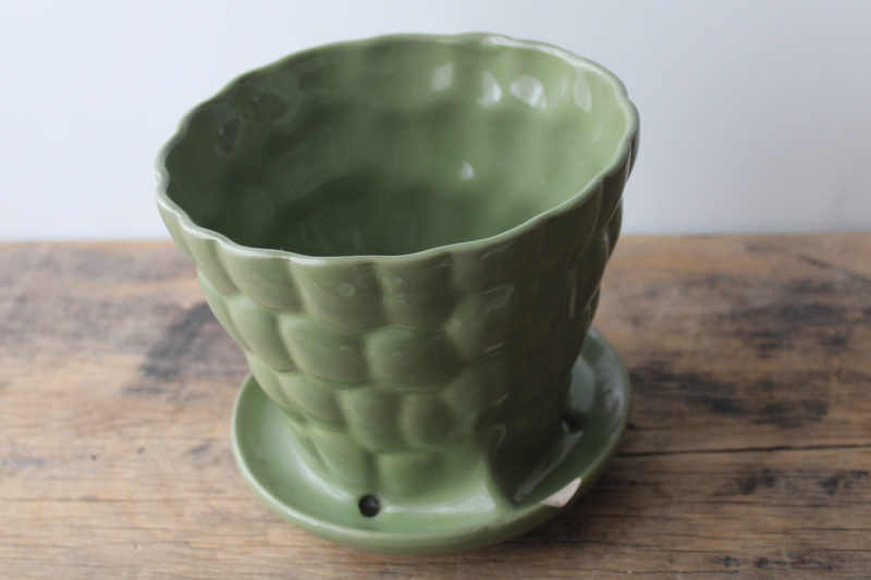 photo of vintage Brush pottery planter pot w/ saucer, pebbled pattern floraline green #2