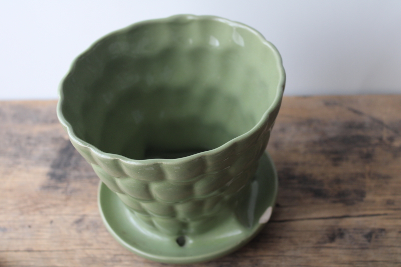 photo of vintage Brush pottery planter pot w/ saucer, pebbled pattern floraline green #3