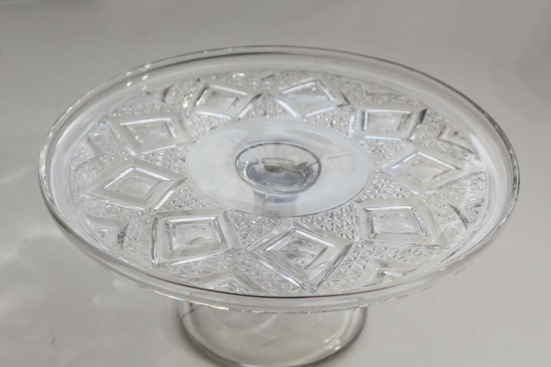photo of vintage Bryce Grand diamond pressed pattern glass cake stand pedestal plate #4
