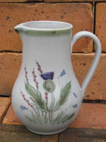 photo of vintage Buchan thistle pattern Scottish stoneware, big pottery pitcher #1