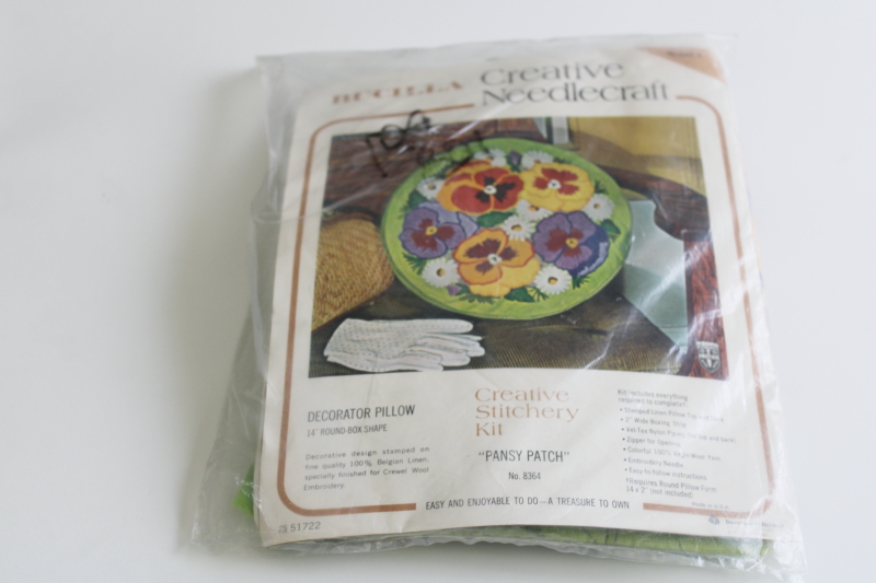 photo of vintage Bucilla kit, pansies daisies floral crewel embroidery round pillow avocado green  #1