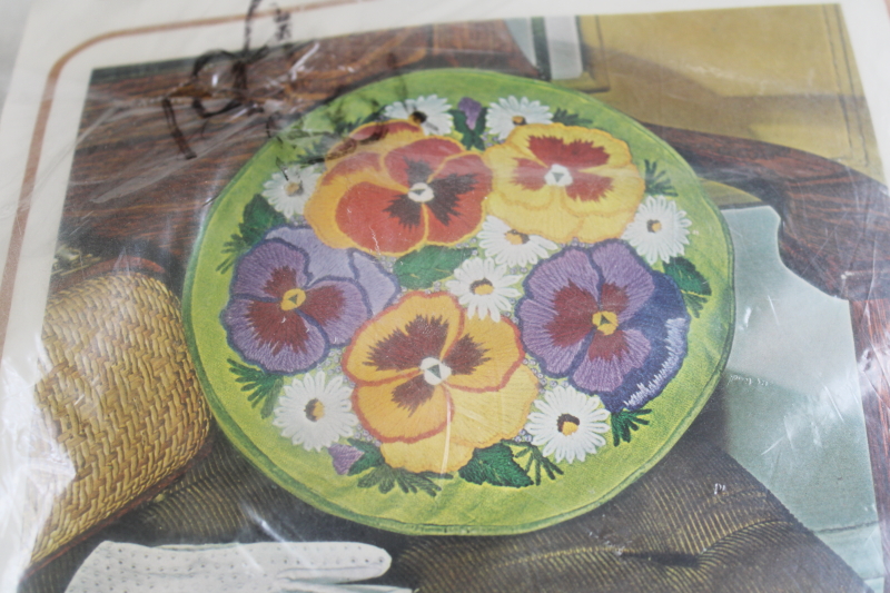 photo of vintage Bucilla kit, pansies daisies floral crewel embroidery round pillow avocado green  #3