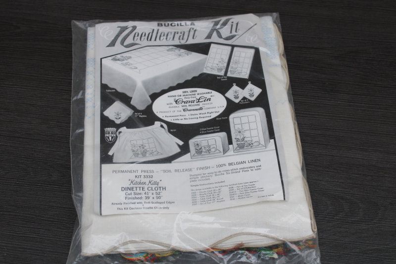 photo of vintage Bucilla needlework kit, Kitchen Kitty tablecloth stamped for embroidery, linen w/ floss #1