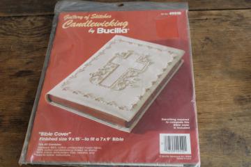 catalog photo of vintage Bucilla needlework kit, candlewick embroidery, Bible cover to make, hand stitching