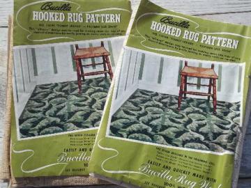 catalog photo of vintage Bucilla printed burlap canvas for set of hooked rugs, Forest Leaves