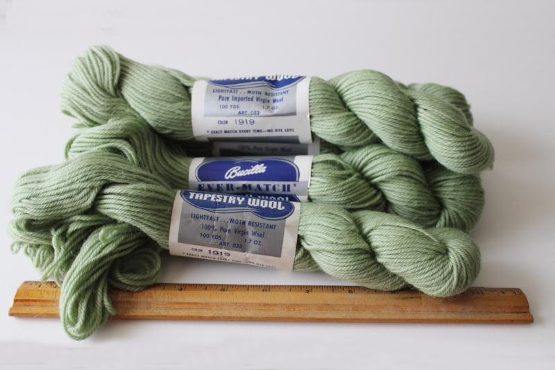 photo of vintage Bucilla pure wool needlepoint tapestry embroidery yarn, pale green #4