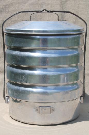 photo of vintage Buckeye aluminum picnic pack tiffin stacking camp set pans, camping cookware #1