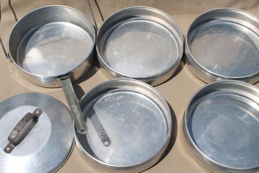 photo of vintage Buckeye aluminum picnic pack tiffin stacking camp set pans, camping cookware #5