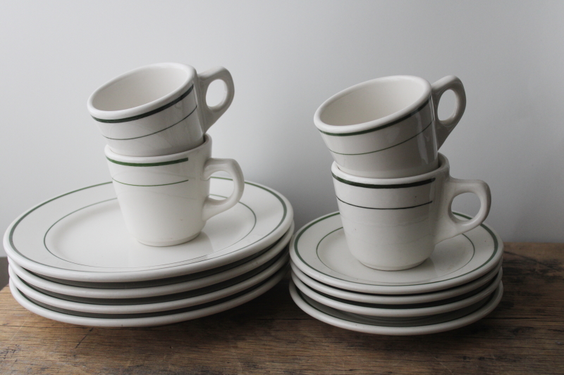 photo of vintage Buffalo china ironstone restaurant ware, green band plates, coffee cups set for 4 #1