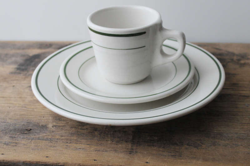 photo of vintage Buffalo china ironstone restaurant ware, green band plates, coffee cups set for 4 #3