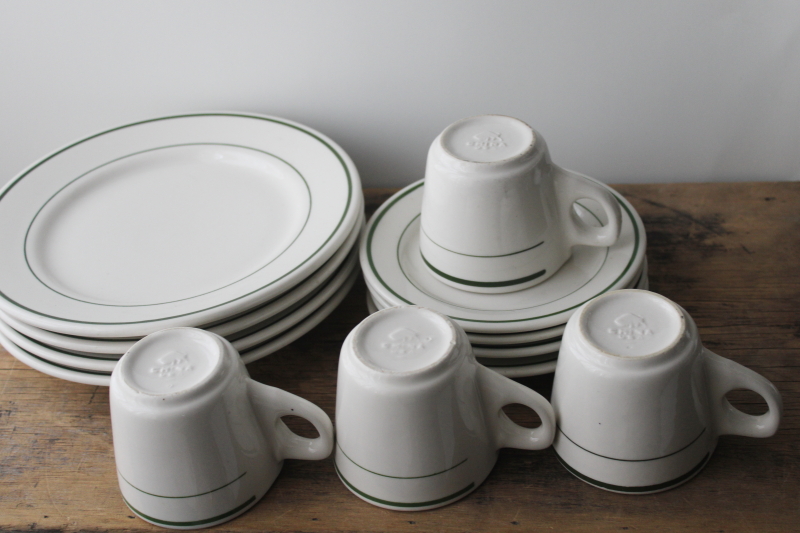 photo of vintage Buffalo china ironstone restaurant ware, green band plates, coffee cups set for 4 #5