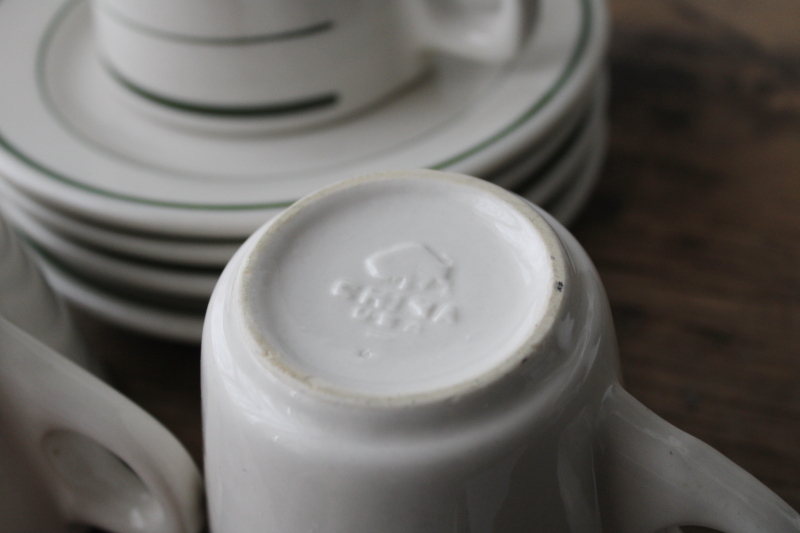 photo of vintage Buffalo china ironstone restaurant ware, green band plates, coffee cups set for 4 #6