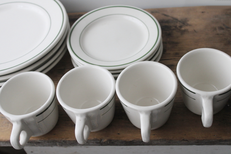 photo of vintage Buffalo china ironstone restaurant ware, green band plates, coffee cups set for 4 #7