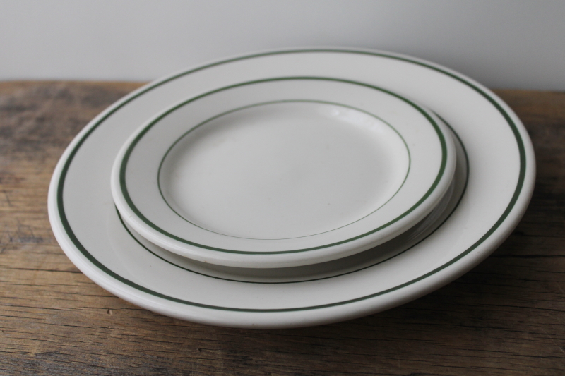 photo of vintage Buffalo china ironstone restaurant ware, green band plates, coffee cups set for 4 #11