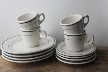 catalog photo of vintage Buffalo china ironstone restaurant ware, green band plates, coffee cups set for 4