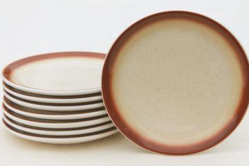 catalog photo of vintage Buffalo china plates tan spatter w/ brown border, western camp dishes