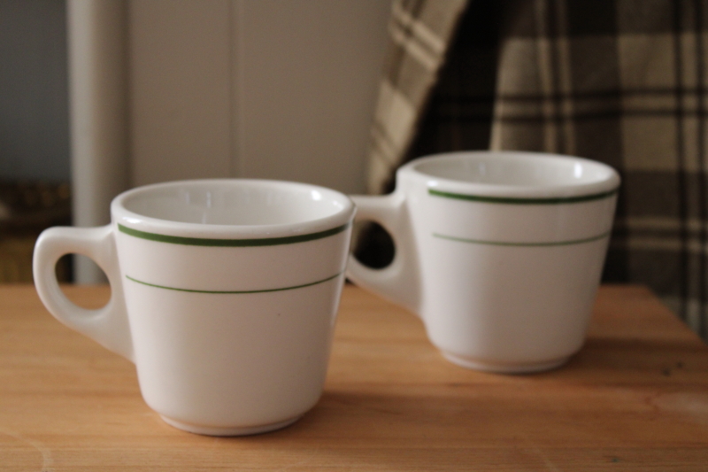 photo of vintage Buffalo china restaurant ware coffee cups, forest green band white ironstone mugs #1