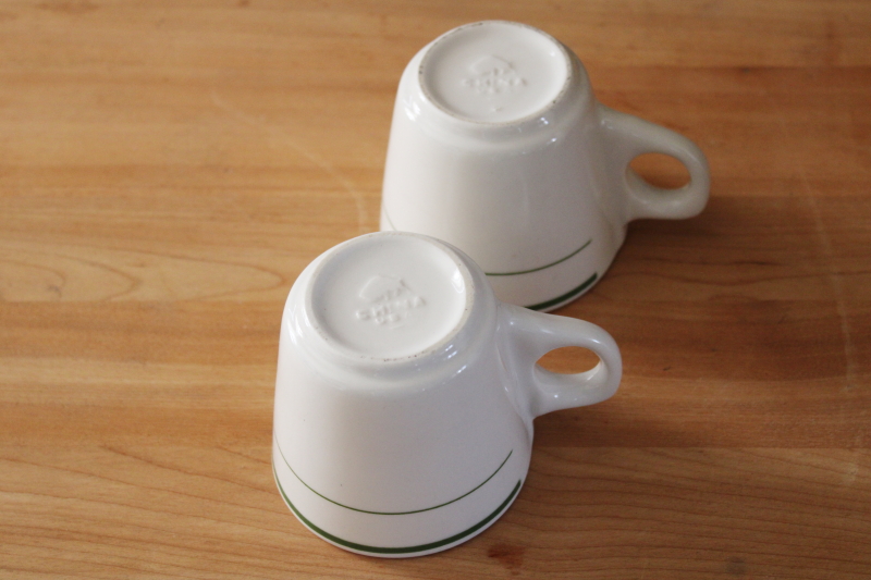 photo of vintage Buffalo china restaurant ware coffee cups, forest green band white ironstone mugs #2