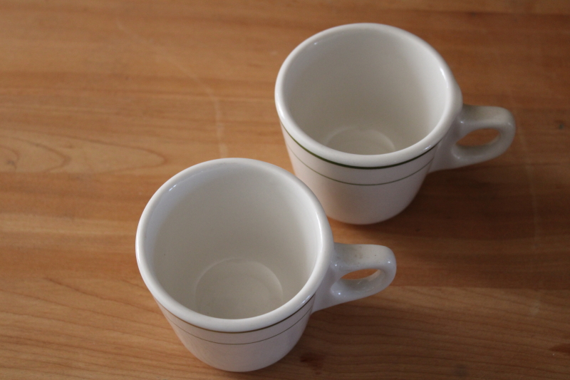 photo of vintage Buffalo china restaurant ware coffee cups, forest green band white ironstone mugs #3