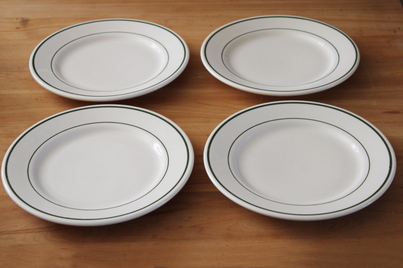 photo of vintage Buffalo china restaurant ware, forest green band white ironstone, diner style lunch plates #1