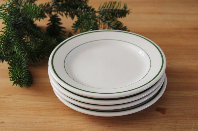 photo of vintage Buffalo china restaurant ware, forest green band white ironstone sandwich plates #1