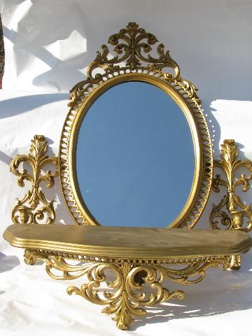 photo of vintage Burwood, faux gold rococo plastic wall mirror, shelf & sconces set #1