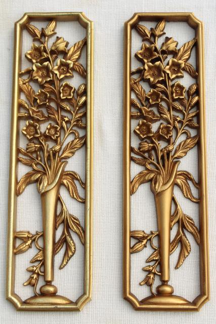 photo of vintage Burwood gold rococo wall art plaques, Syroco type wood composition framed florals pair #1