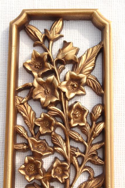 photo of vintage Burwood gold rococo wall art plaques, Syroco type wood composition framed florals pair #4
