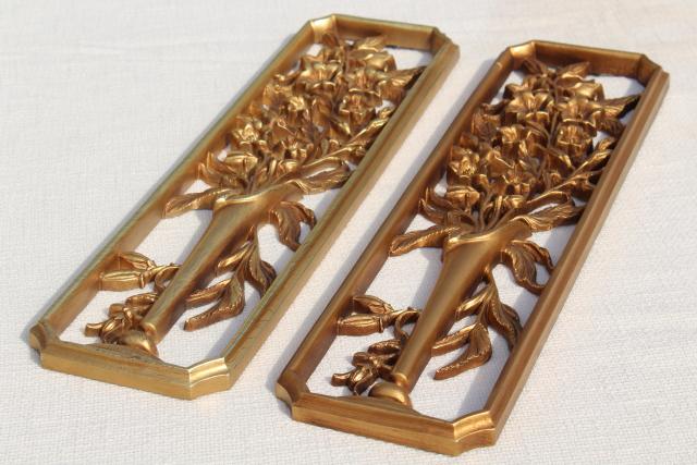 photo of vintage Burwood gold rococo wall art plaques, Syroco type wood composition framed florals pair #6