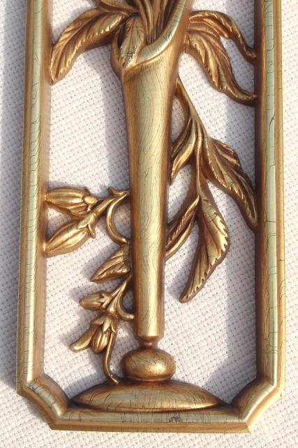photo of vintage Burwood gold rococo wall art plaques, Syroco type wood composition framed florals pair #8