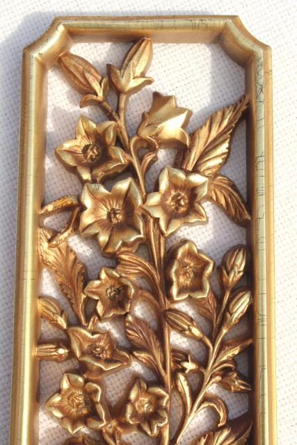 photo of vintage Burwood gold rococo wall art plaques, Syroco type wood composition framed florals pair #9