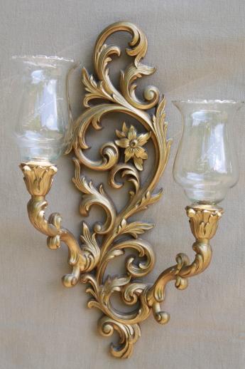 photo of vintage Burwood gold wall sconces w/ Princess House glass candle lamp shades #3