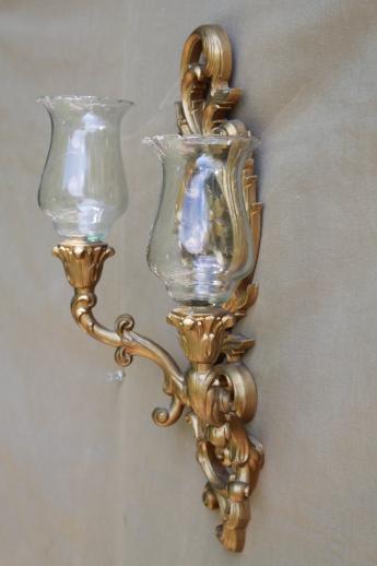 photo of vintage Burwood gold wall sconces w/ Princess House glass candle lamp shades #4