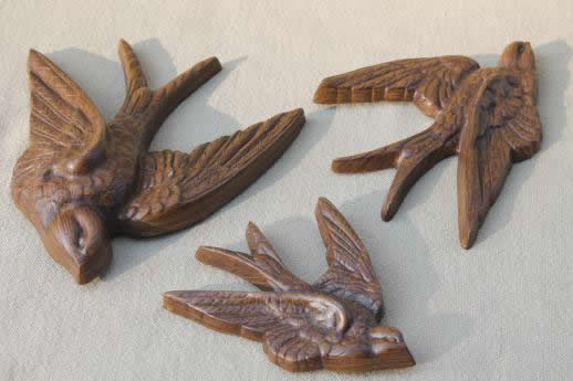 photo of vintage Burwood plastic plaques, rustic wood look birds wall art flying swallows #6