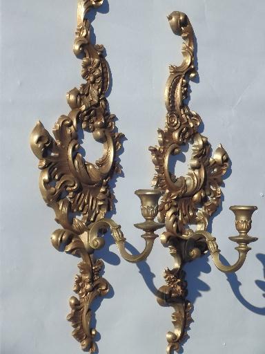 photo of vintage Burwood wall sconces set, gold plastic rococo candle holders #1
