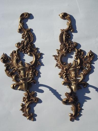 photo of vintage Burwood wall sconces set, gold plastic rococo candle holders #2