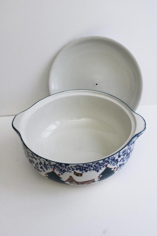 photo of vintage Cabin in the Snow Folk Craft stoneware casserole covered bowl, Tienshan China #2