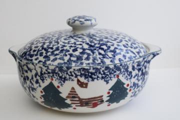 catalog photo of vintage Cabin in the Snow Folk Craft stoneware casserole covered bowl, Tienshan China