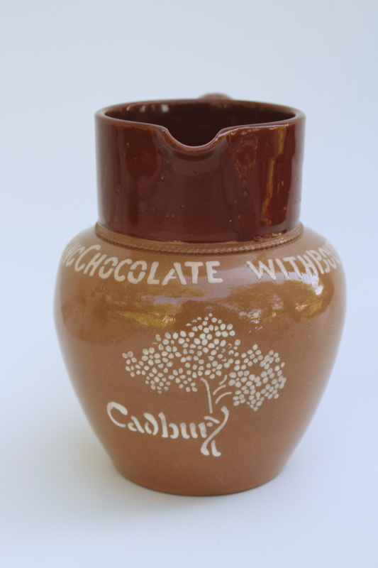 photo of vintage Cadburys jug, Make Drinking Chocolate With Bournville Cocoa, 1920s pottery pitcher #1